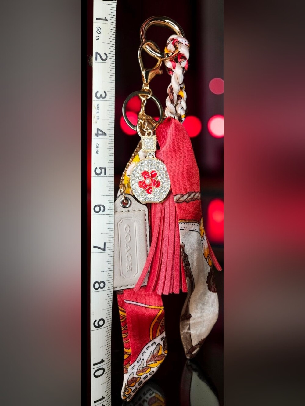 Coach Red Silk Scarf and Tassel Keychain Charm NWOT - Picture 11 of 12